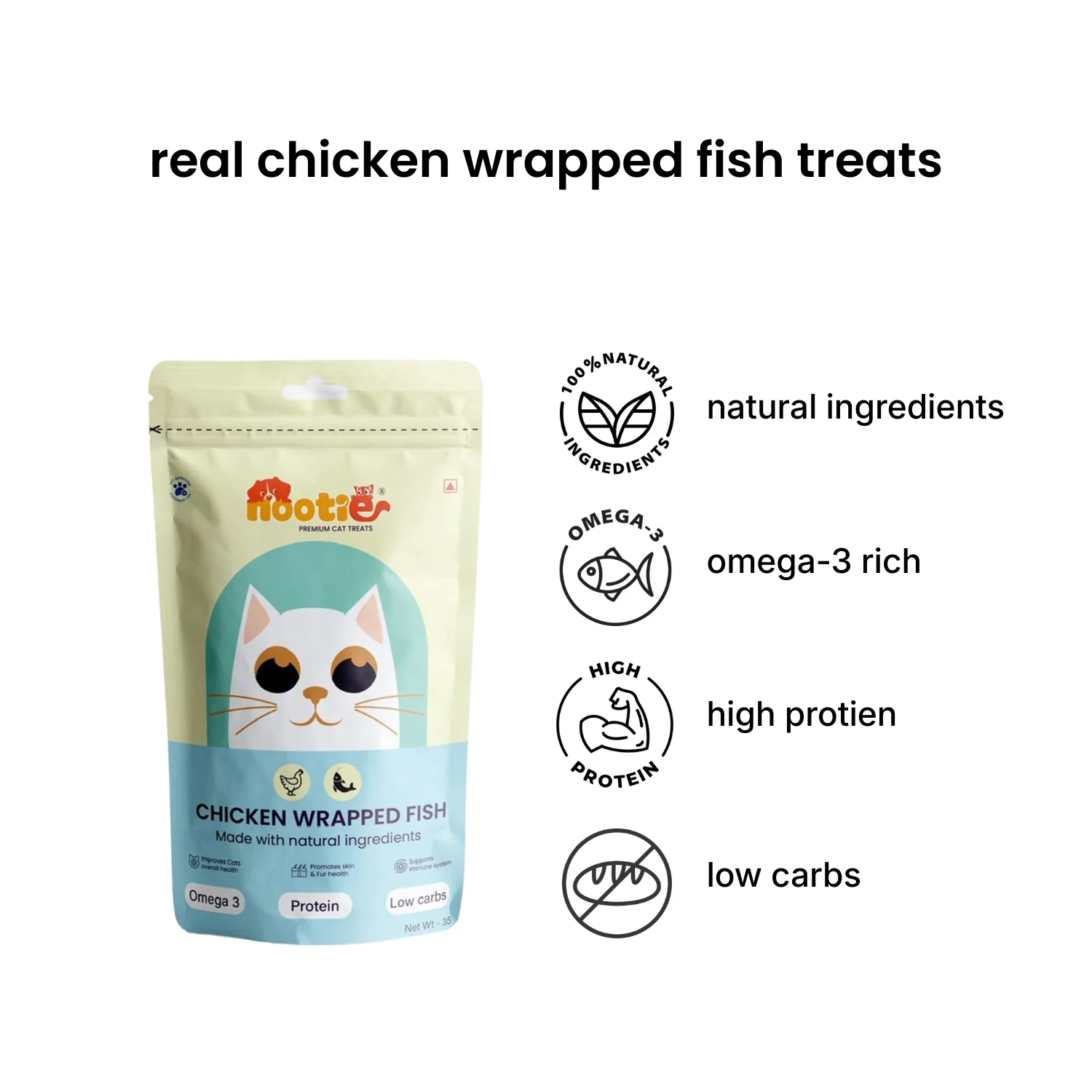 Nootie Premium Cat Treats – Chicken Wrapped Fish, Tuna & Cranberry, Chicken Shreds - 35g - Omega 3 Rich (Pack of 3) - Image 8